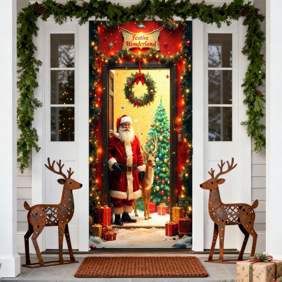 (Off-Season Clearance)35 x 72 Inch Christmas Door Cover - Santa Claus Theme, Durable Polyester, Easy to Install, Festive Party & Holiday Decor