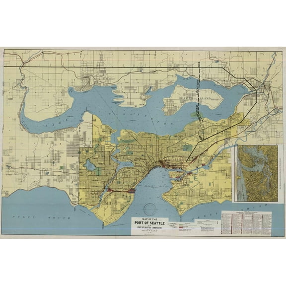 35"x24" Heavyweight Photo Paper Quality Poster Port of Seattle map, 1918 -