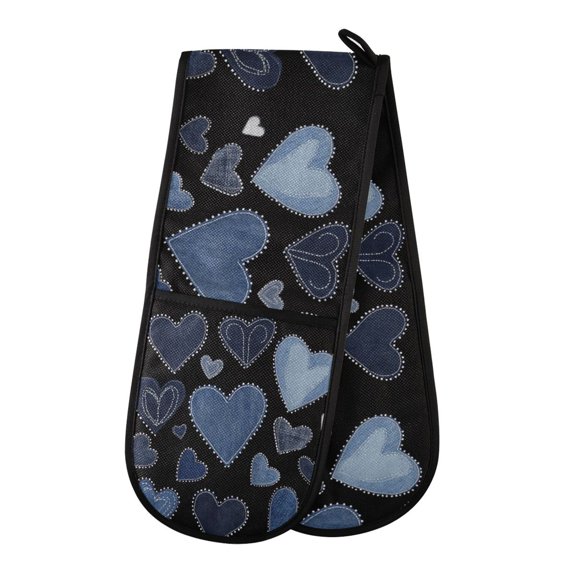 35" x7" Double Oven Mitt Heat Resistant Oven Gloves Withstands Up to 200°C for Kitchen Baking & BBQ A Pattern Of Denim Hearts
