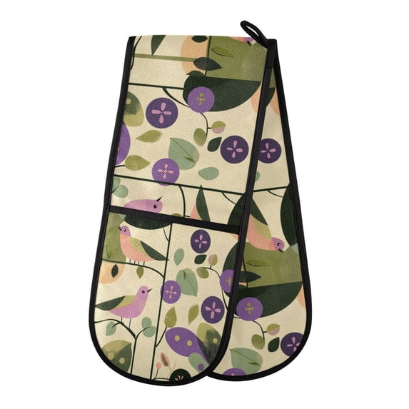 35" x7" Double Oven Mitt Heat Resistant Oven Gloves Withstands Up to 200°C for Kitchen Baking & BBQ Abstract Leaves and Birds