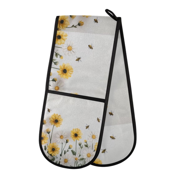 35" x7" Double Oven Mitt Heat Resistant Oven Gloves Withstands Up to 200°C for Kitchen Baking & BBQ Bees Flying with Daisies