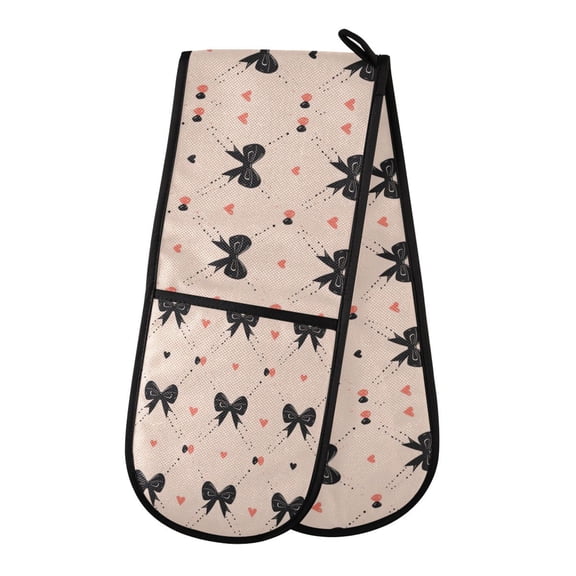 35" x7" Double Oven Mitt Heat Resistant Oven Gloves Withstands Up to 200°C for Kitchen Baking & BBQ Black Bows Pattern