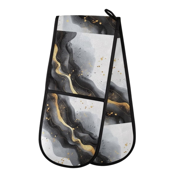 35" x7" Double Oven Mitt Heat Resistant Oven Gloves Withstands Up to 200C for Kitchen Baking & BBQ Black and Gold Shapes