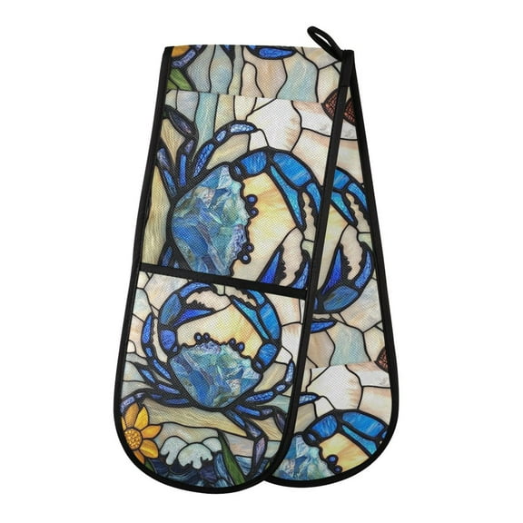 35" x7" Double Oven Mitt Heat Resistant Oven Gloves Withstands Up to 200C for Kitchen Baking & BBQ Blue Crab