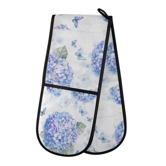 35" x7" Double Oven Mitt Heat Resistant Oven Gloves Withstands Up to 200°C for Kitchen Baking & BBQ Blue Hydrangea Pattern