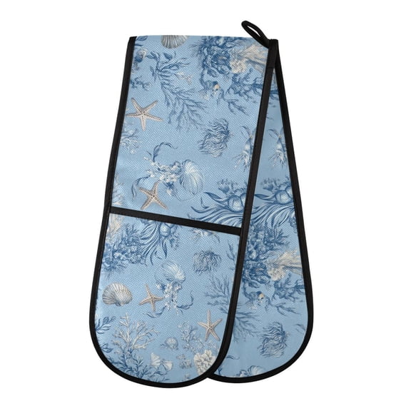 35" x7" Double Oven Mitt Heat Resistant Oven Gloves Withstands Up to 200C for Kitchen Baking & BBQ Blue Oceanic Scene