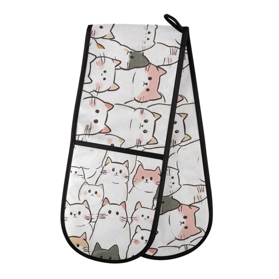 35" x7" Double Oven Mitt Heat Resistant Oven Gloves Withstands Up to 200C for Kitchen Baking & BBQ Caetoon Cats