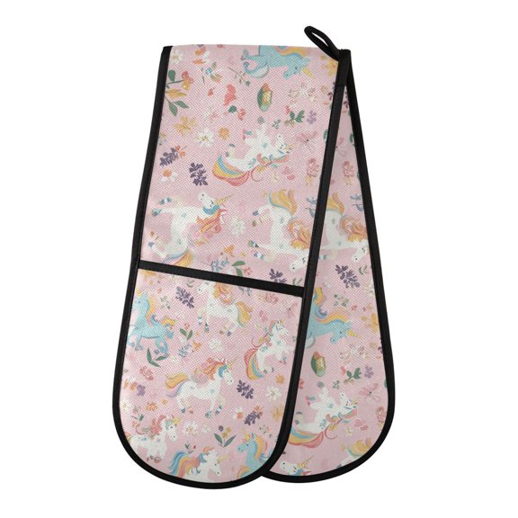 35" x7" Double Oven Mitt Heat Resistant Oven Gloves Withstands Up to 200C for Kitchen Baking & BBQ Cartoon Unicorns Pattern