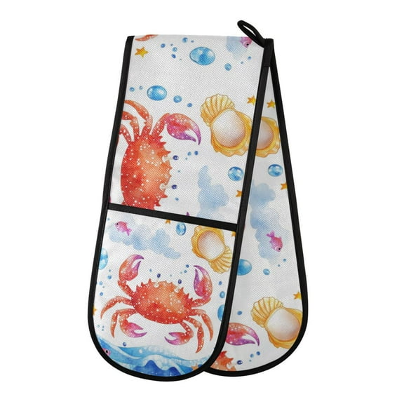 35" x7" Double Oven Mitt Heat Resistant Oven Gloves Withstands Up to 200C for Kitchen Baking & BBQ Cute Cartoon Crab