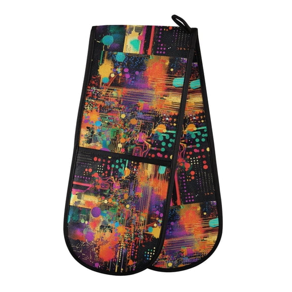 35" x7" Double Oven Mitt Heat Resistant Oven Gloves Withstands Up to 200C for Kitchen Baking & BBQ Data Streams Pattern
