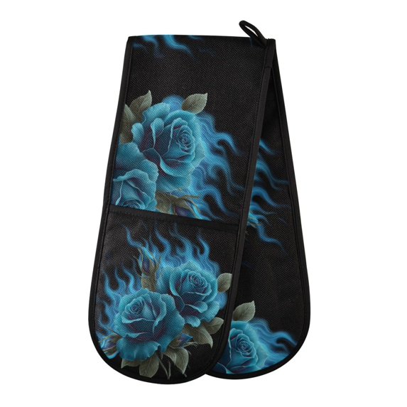 35" x7" Double Oven Mitt Heat Resistant Oven Gloves Withstands Up to 200°C for Kitchen Baking & BBQ Eternal Blue Rose and Flame