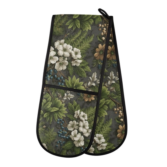 35" x7" Double Oven Mitt Heat Resistant Oven Gloves Withstands Up to 200°C for Kitchen Baking & BBQ Ferns and Flowers