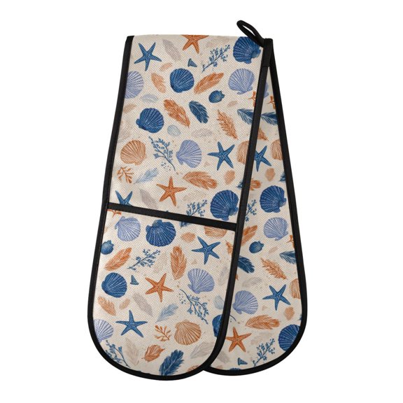 35" x7" Double Oven Mitt Heat Resistant Oven Gloves Withstands Up to 200C for Kitchen Baking & BBQ Hand-drawn Shell Pattern