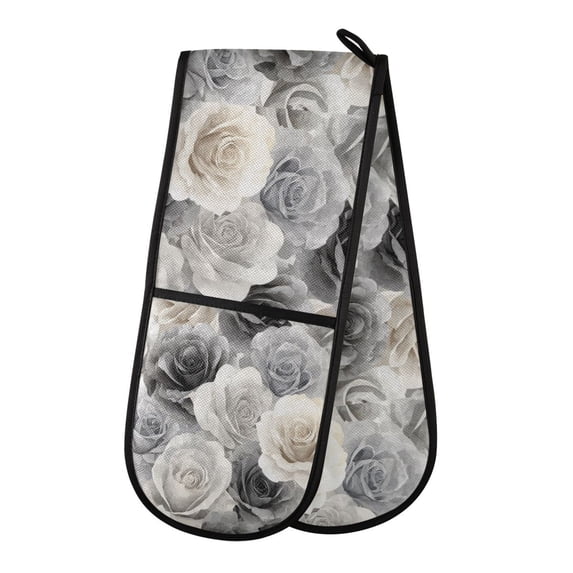 35" x7" Double Oven Mitt Heat Resistant Oven Gloves Withstands Up to 200°C for Kitchen Baking & BBQ Ink Wash Style Roses