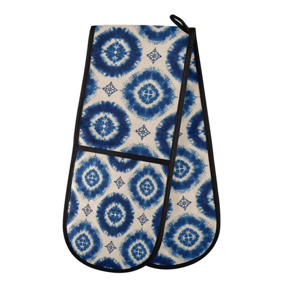 35" x7" Double Oven Mitt Heat Resistant Oven Gloves Withstands Up to 200°C for Kitchen Baking & BBQ Intricate Blue and White Tie-dye
