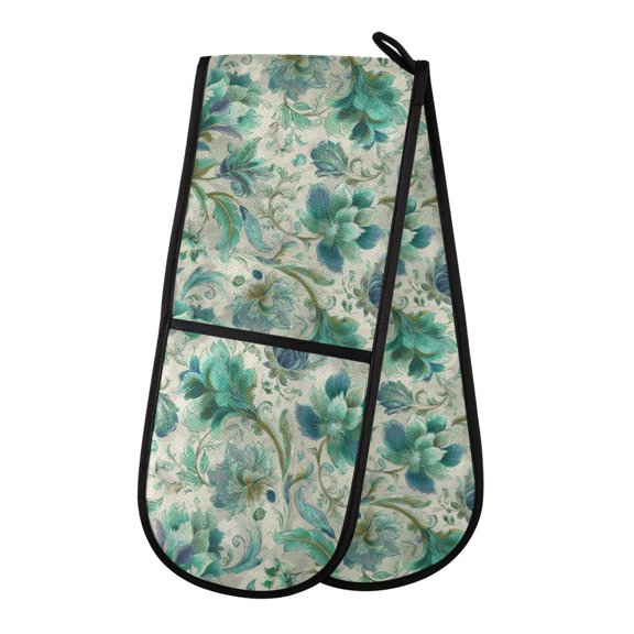 35" x7" Double Oven Mitt Heat Resistant Oven Gloves Withstands Up to 200C for Kitchen Baking & BBQ Intricate Stylized Floral Patterns