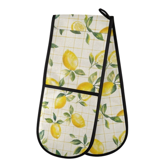 35" x7" Double Oven Mitt Heat Resistant Oven Gloves Withstands Up to 200°C for Kitchen Baking & BBQ Lemons and Leaves