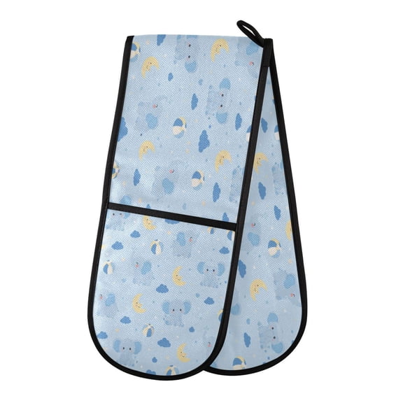 35" x7" Double Oven Mitt Heat Resistant Oven Gloves Withstands Up to 200C for Kitchen Baking & BBQ Light Blue Small Elephant Pattern