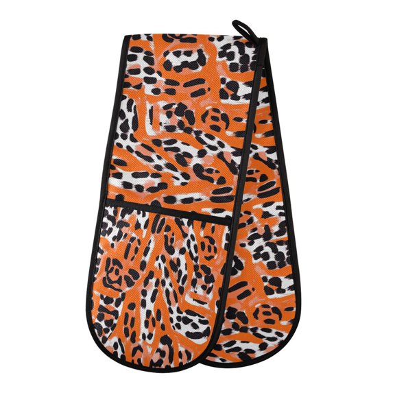 35" x7" Double Oven Mitt Heat Resistant Oven Gloves Withstands Up to 200C for Kitchen Baking & BBQ Orange Leopard Print
