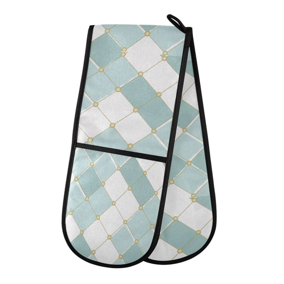 35" x7" Double Oven Mitt Heat Resistant Oven Gloves Withstands Up to 200°C for Kitchen Baking & BBQ Pastel Teal Diamond Plaid