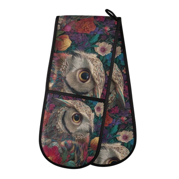 35" x7" Double Oven Mitt Heat Resistant Oven Gloves Withstands Up to 200°C for Kitchen Baking & BBQ Portrait Of An Owl