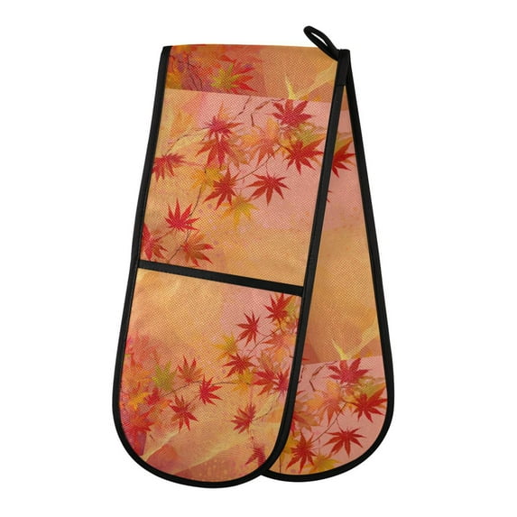 35" x7" Double Oven Mitt Heat Resistant Oven Gloves Withstands Up to 200°C for Kitchen Baking & BBQ Red Maple Leaves in Autumn