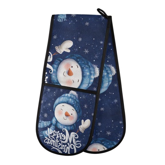 35" x7" Double Oven Mitt Heat Resistant Oven Gloves Withstands Up to 200°C for Kitchen Baking & BBQ Snowman Wearing Blue Scarf and Hat