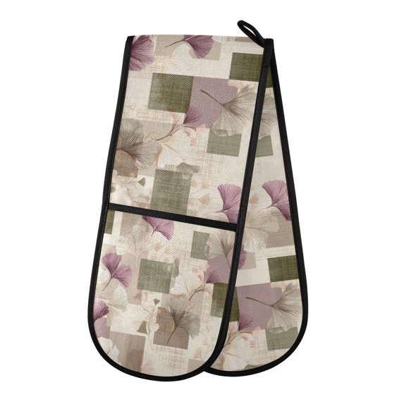 35" x7" Double Oven Mitt Heat Resistant Oven Gloves Withstands Up to 200°C for Kitchen Baking & BBQ Squares and Ginkgo Leaves Pattern