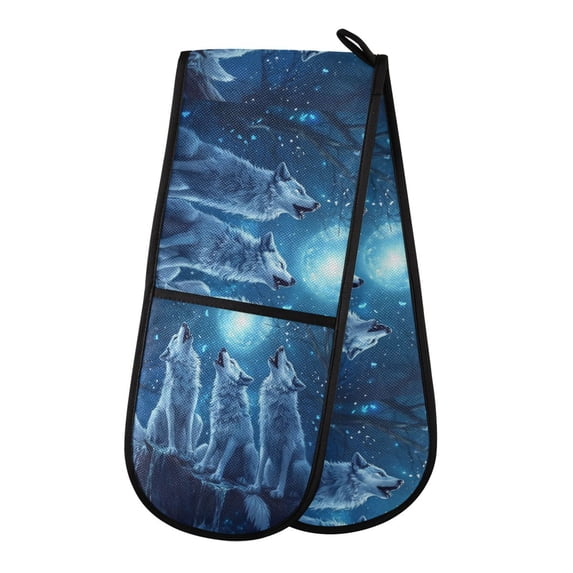 35" x7" Double Oven Mitt Heat Resistant Oven Gloves Withstands Up to 200°C for Kitchen Baking & BBQ Three Blue Wolves
