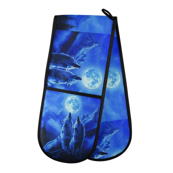 35" x7" Double Oven Mitt Heat Resistant Oven Gloves Withstands Up to 200°C for Kitchen Baking & BBQ Two Howling Wolves