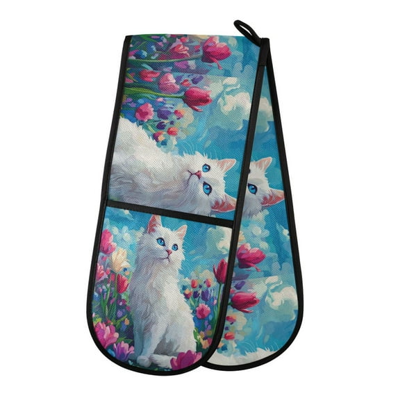 35" x7" Double Oven Mitt Heat Resistant Oven Gloves Withstands Up to 200°C for Kitchen Baking & BBQ White Cat and Tulips