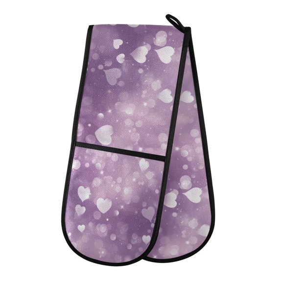 35" x7" Double Oven Mitt Heat Resistant Oven Gloves Withstands Up to 200C for Kitchen Baking & BBQ White Hearts and Bokeh Lights