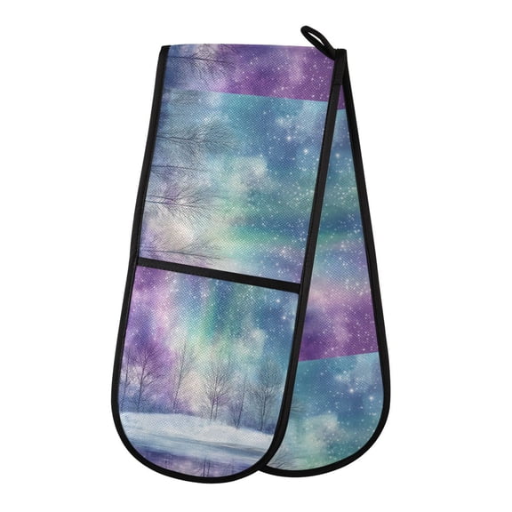 35" x7" Double Oven Mitt Heat Resistant Oven Gloves Withstands Up to 200C for Kitchen Baking & BBQ Winter Landscape