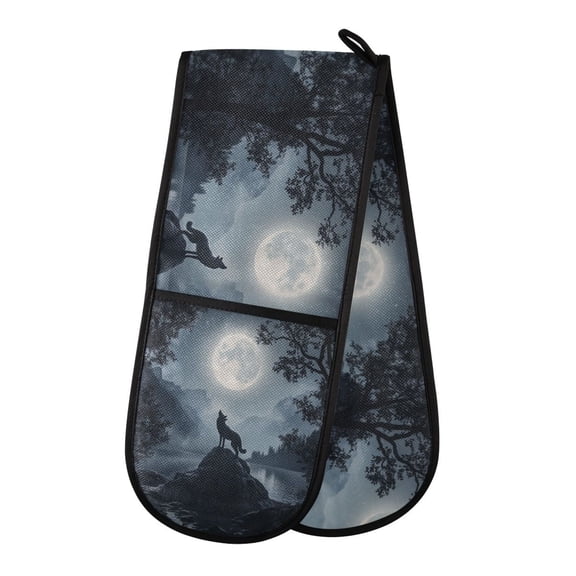 35" x7" Double Oven Mitt Heat Resistant Oven Gloves Withstands Up to 200C for Kitchen Baking & BBQ Wolf Howling at The Moon