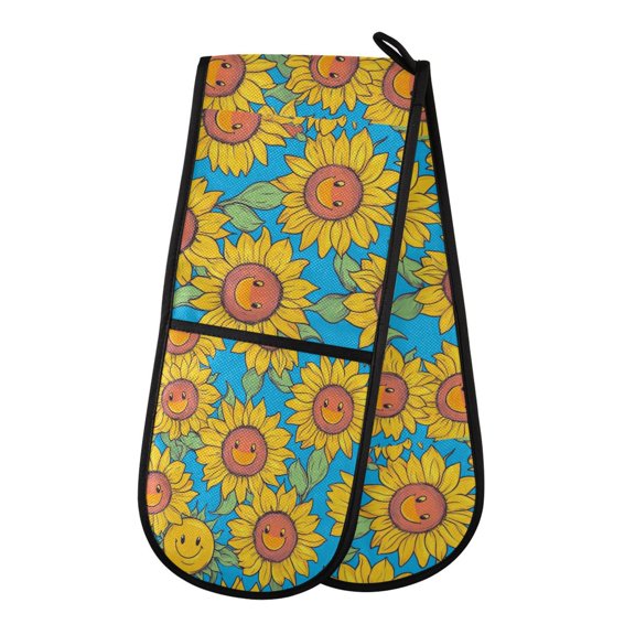 35" x7" Double Oven Mitt Heat Resistant Oven Gloves Withstands Up to 200C for Kitchen Baking & BBQ Yellow Sunflowers with Smiley Faces