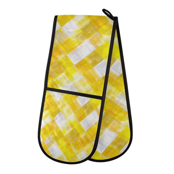35" x7" Double Oven Mitt Heat Resistant Oven Gloves Withstands Up to 200°C for Kitchen Baking & BBQ Yellow and White Checkered Squares