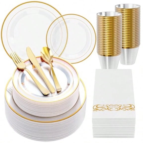 350 Count Clear Dinnerware Set for 50 Guests- Clear Plastic Plates with Gold Rim Includes Disposable 50 Dinner Salad Plates Cups Napkins and Cutlery Set