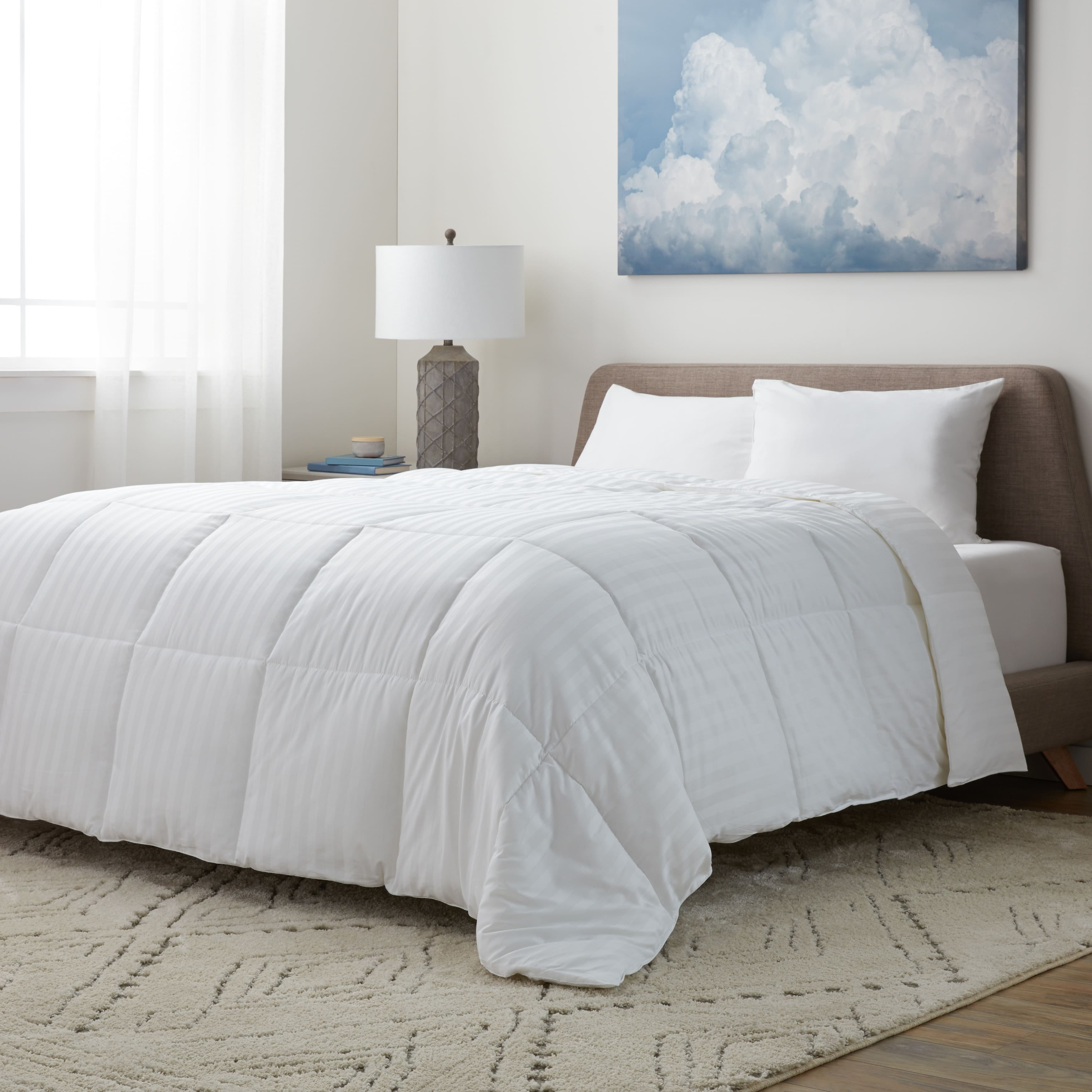 White Full Down Alternative Cotton Comforter with Damask Stripe