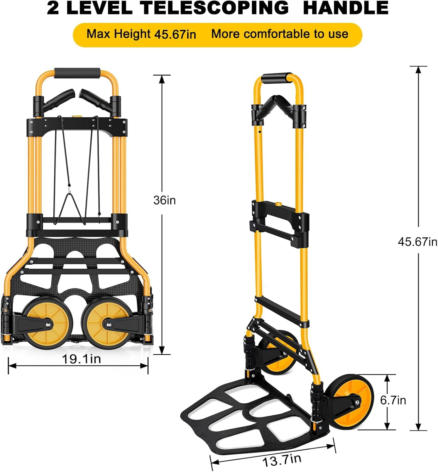 350 LB Capacity Upgraded Folding Hand Truck Dolly,Portable Dolly Cart with Telescoping Handle,Rubber Wheels and Aluminum Wheel Frame for Moving,Shopping,Travel,Office Use
