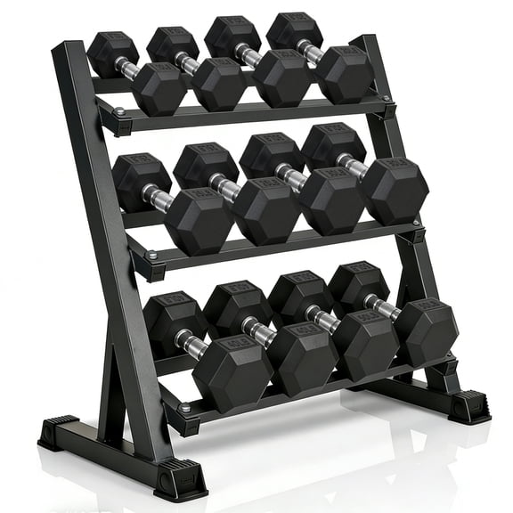 350 LBS Rubber Hex Dumbbell Set with Storage Rack – Home Gym Equipment for Strength Training, Exercise & Fitness, Non-Slip Durable Weight Set