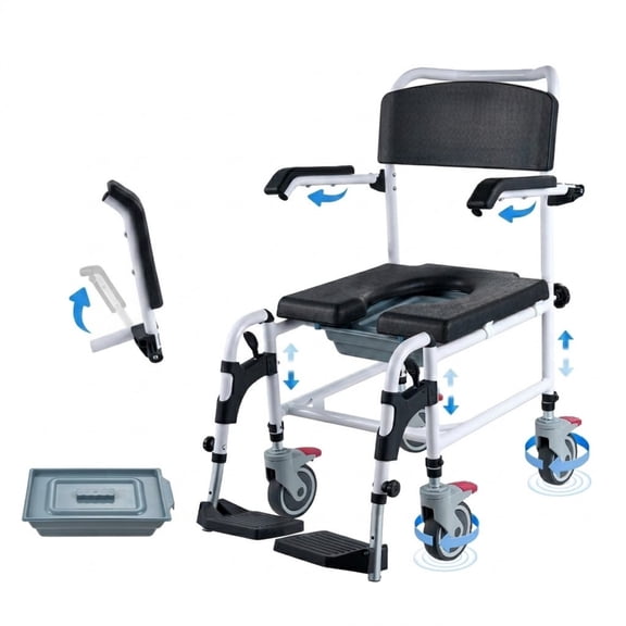 350 LBS Shower Commode Wheelchair with Adjustable Height, Flip-up Arms & 5L Removable Bucket, 4 Lockable Wheels