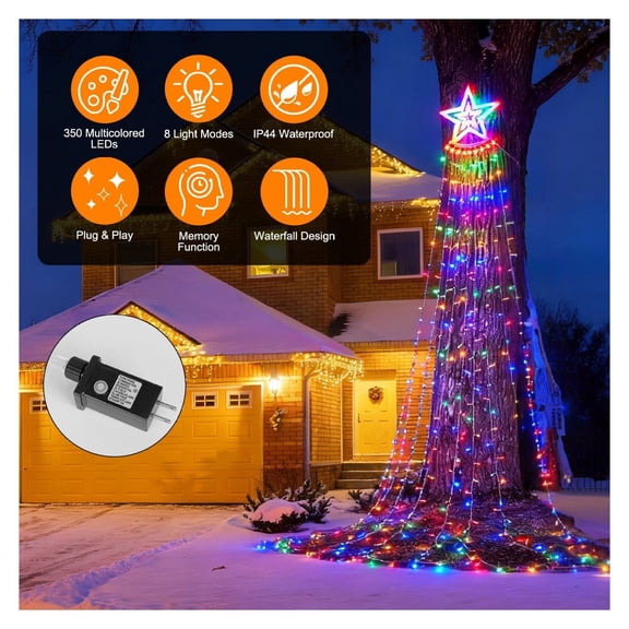 350 LED Christmas Star Waterfall String Lights, 11.48FT Multicolored Indoor/Outdoor