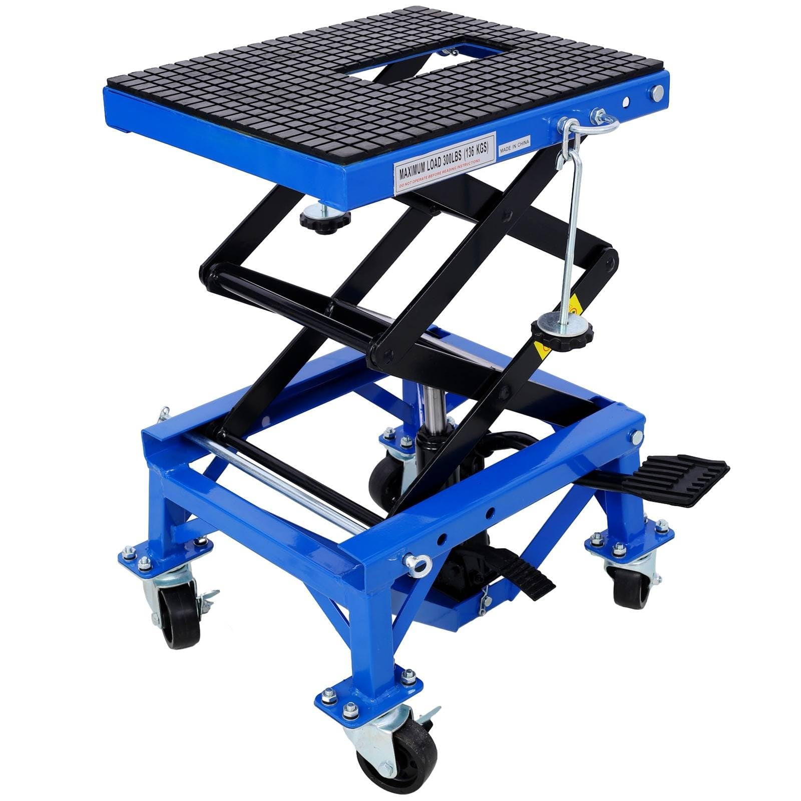350 Lbs Capacity Hydraulic Motorcycle Scissor Lift Table - 4 Wheels, Black/Orange