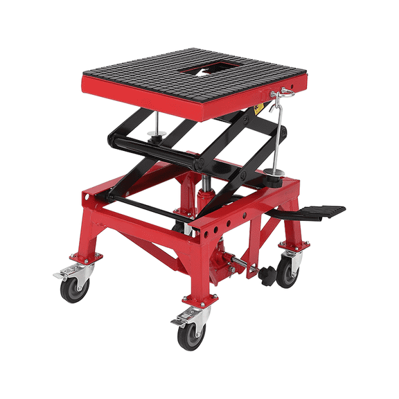 350 Lbs Hydraulic Motorcycle Lift Table, Foot-Operated Motorcycle Scissor Lift Jack Table with Deck, J-Hooks, 4 Wheels, Heavy Duty Motorcycle Stand for ATV Dirt Bike, Red