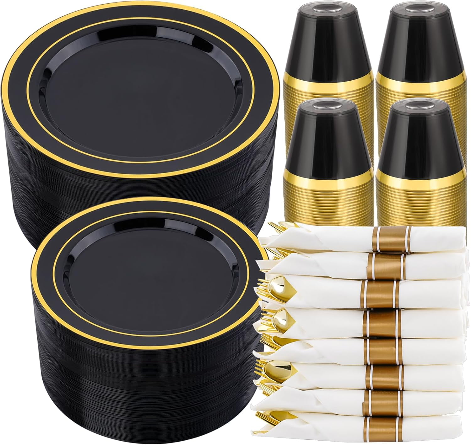 Elama 350 Piece Disposable Plastic Dinnerware Party Set for 50 Guests in White with Gold Trim main image 0