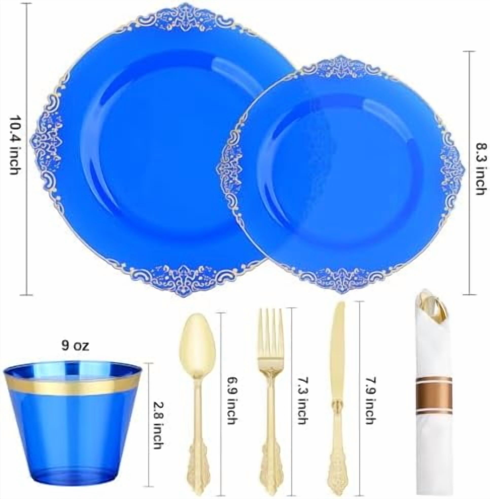 350 PCS Blue and Gold Plastic Plates, Disposable Dinnerware Set for 50 ...