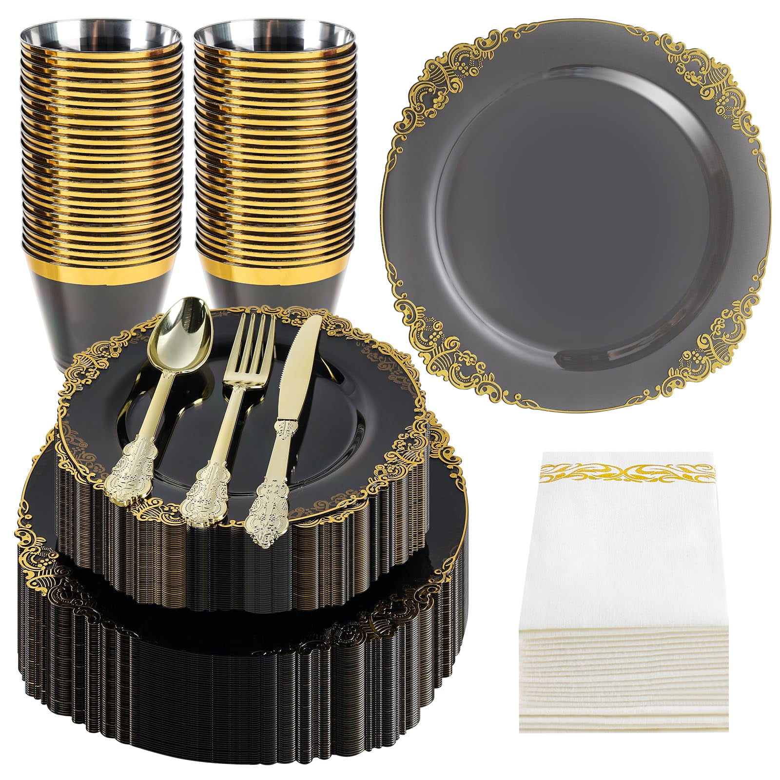 350 PCS Clear Black MMF7 and Gold Plastic Dinnerware for 50 Guests ...