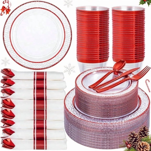 350 PCS Clear and Red Plastic Plates Red Dinnerware Set for 50 Guests Include 100 Plastic Plates 50 Pre Rolled Napkins with Cutlery Set 50 Cups for Wedding Party Anniversary Christmas