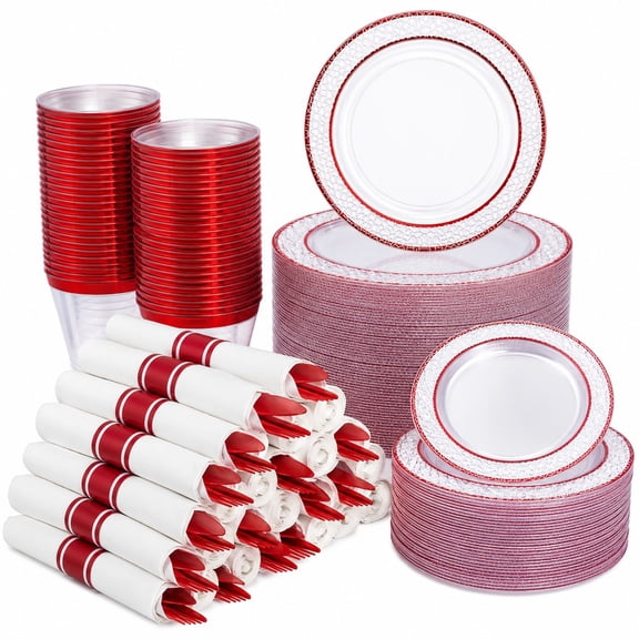 350 PCS Clear and Red Plastic Plates 4th of July Red Dinnerware Set for 50 Guests: Plastic, Red Clear, Disposable Festive
