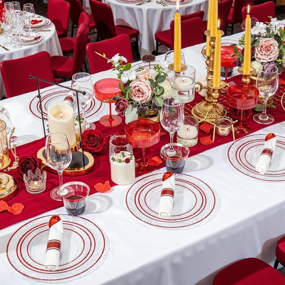 350 PCS Clear and Red Plastic Plates – Red Dinnerware Set for 50 Guests